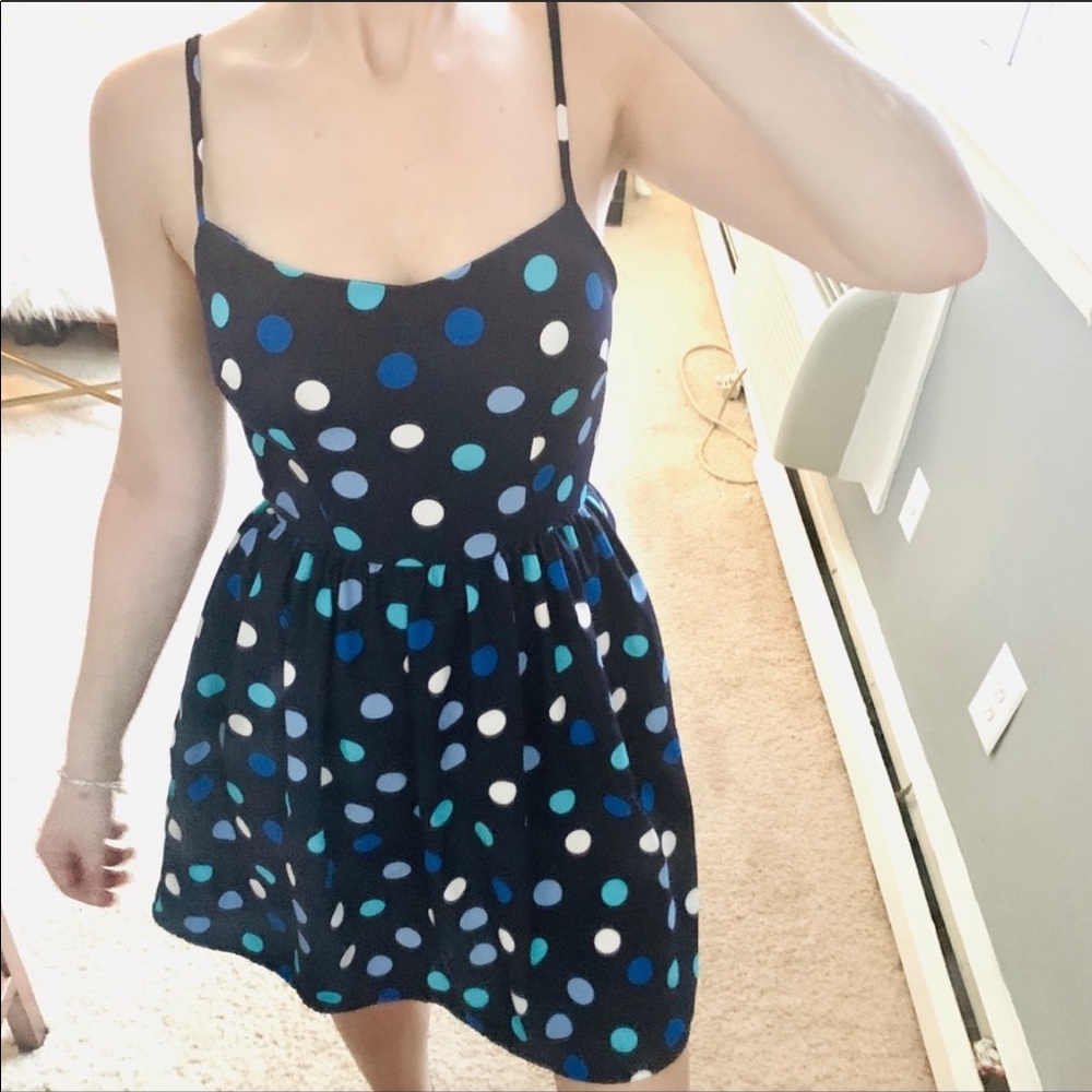 Aqua navy blue polka dot fit and flare dress